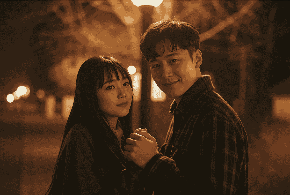 Pasangan dalam adegan film Korea romantis berdasarkan kisah nyata, penuh emosi dan kehangatan.