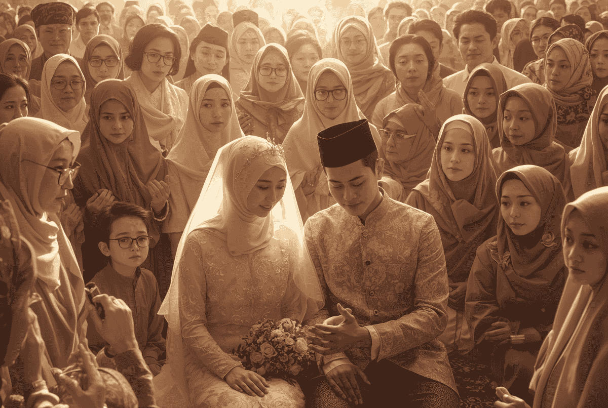 keluarga muslim sedang mendoakan pasangan pengantin di pelaminan islami